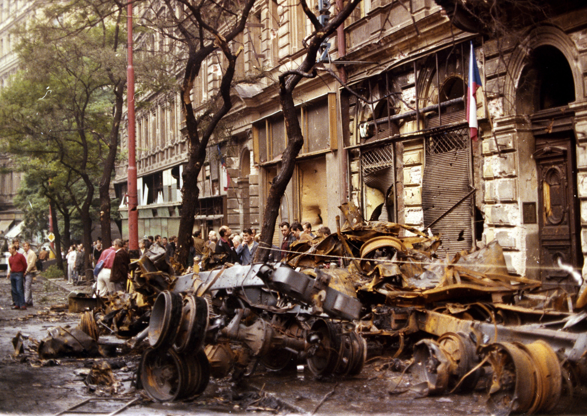 Destruction in the streets of Prague, 21st August 1968