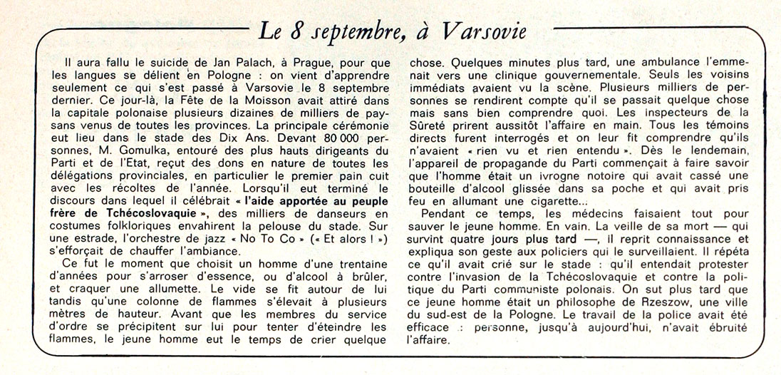 The cover of the French weekly magazine “Le Nouvel Observateur” and a mention of the events from 8th September 1968