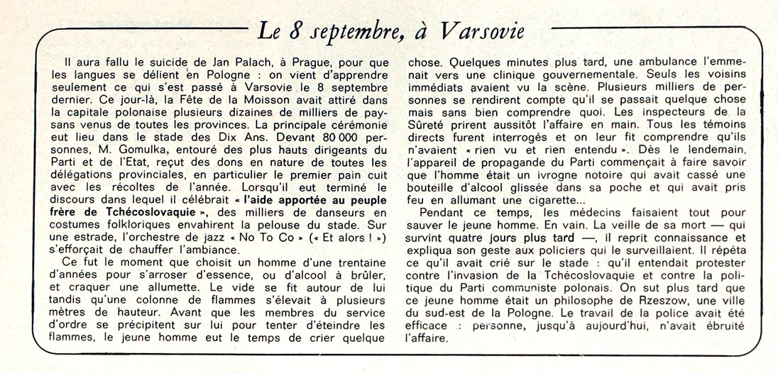 Okładka francuskiego tygodnika „Le Nouvel Observateur” i wzmianka o wydarzeniach
                    z 8 września 1968 r.