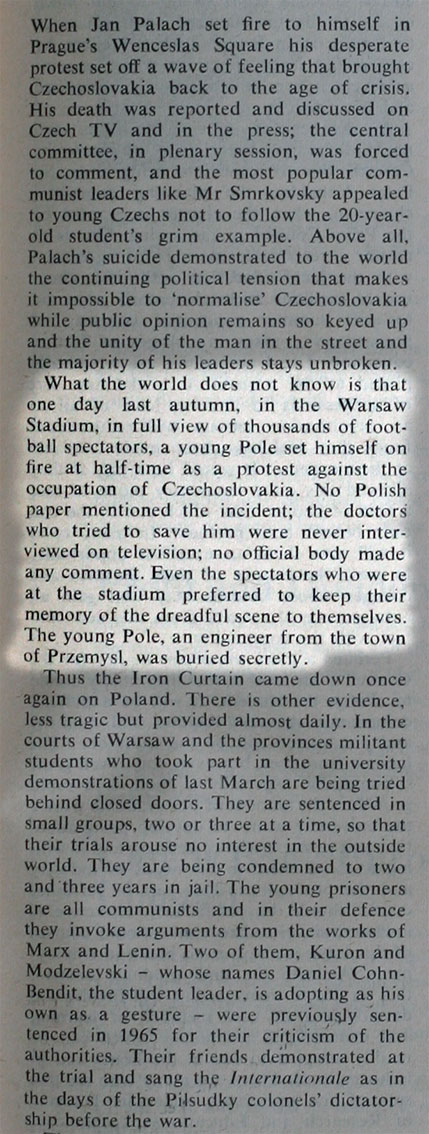 The front page of the English weekly magazine “The New Statesman and Nation” together with an excerpt from the article and a letter doubting the truth about the act of self-immolation