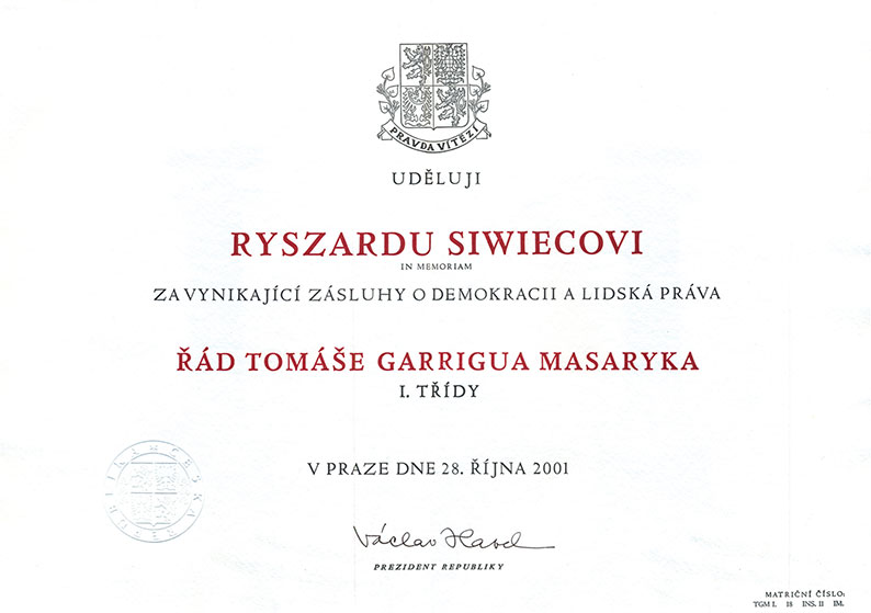 The Tomáš Garrigue Masaryk Order (the Czech Republic, 2001)